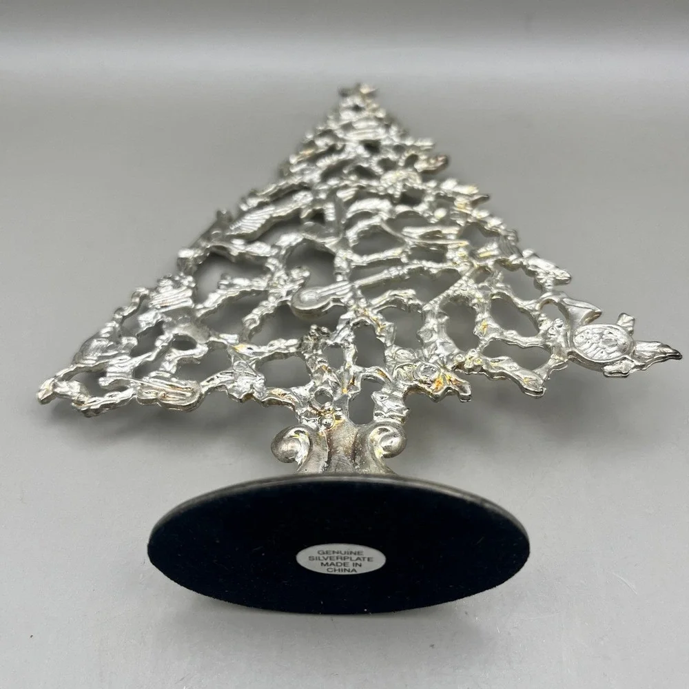 Silver Tone Metal Filigree Christmas Tree Tabletop Decor 6.5